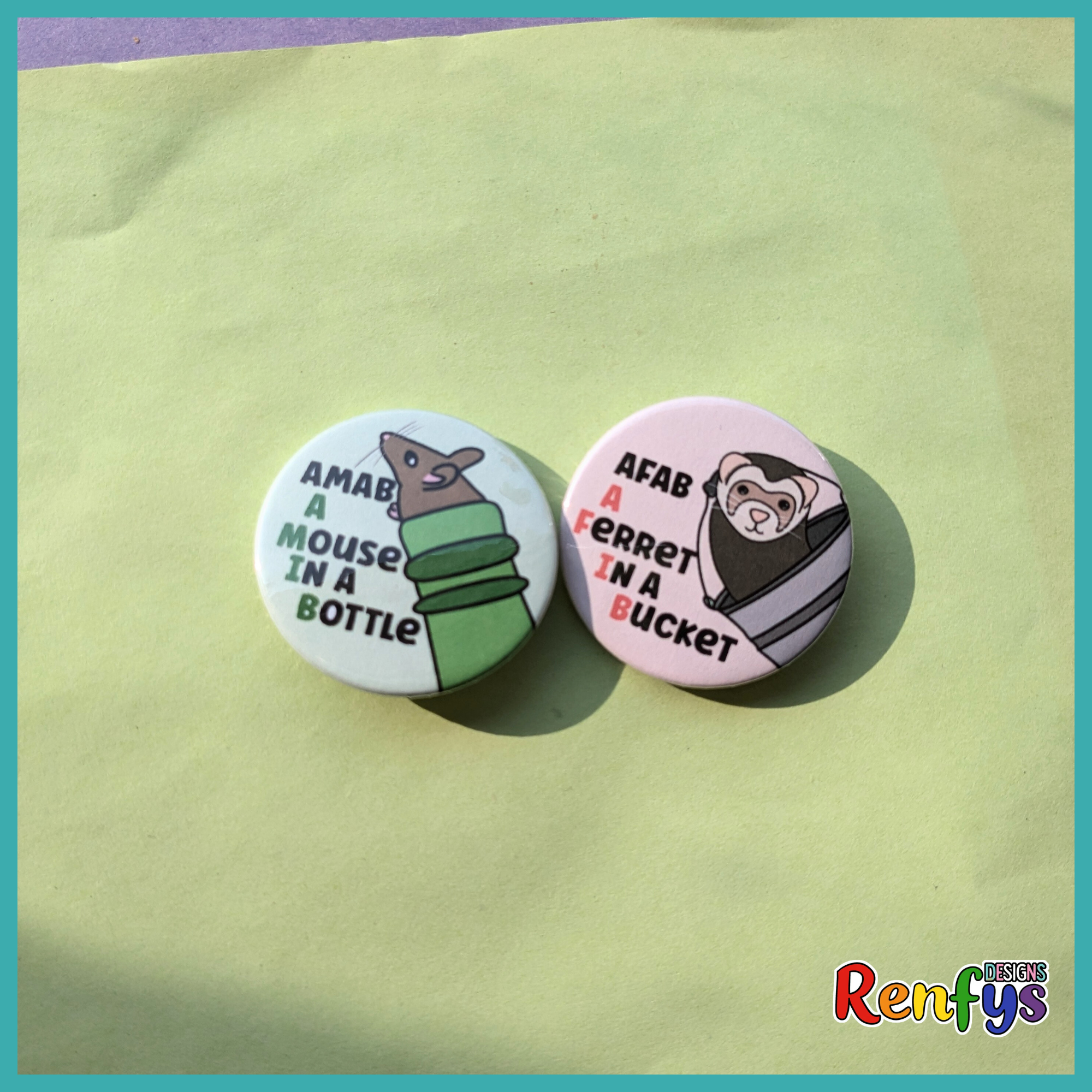 A Ferret in A Bucket/A Mouse in A Bottle - AFAB/AMAB badges